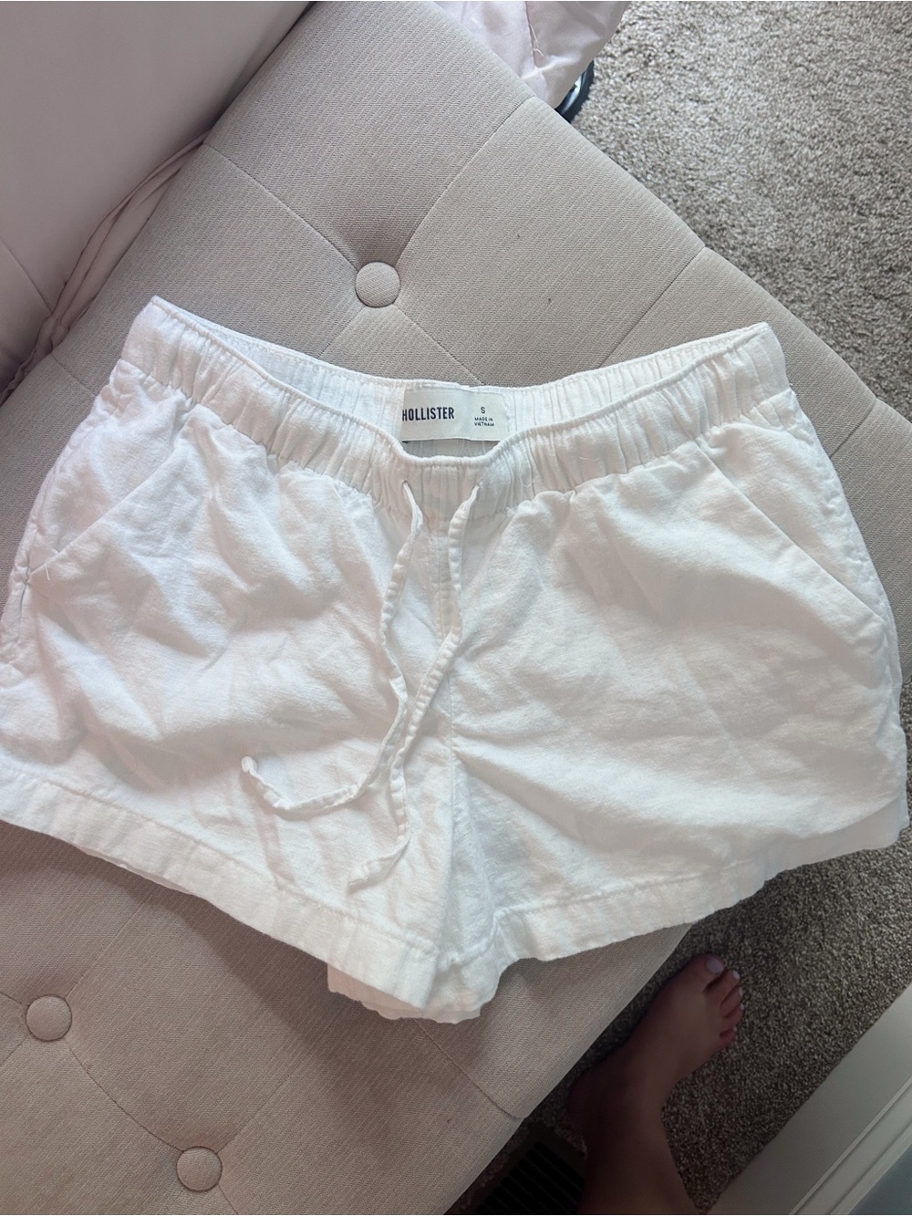 Hollister White Elastic Drawstring Linen-Blend Shorts